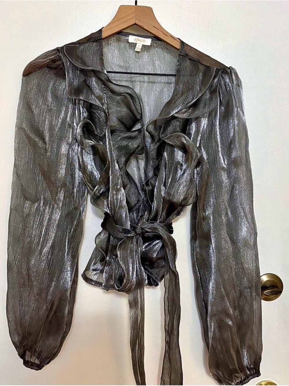Sheer silver ruffle wrap blouse top